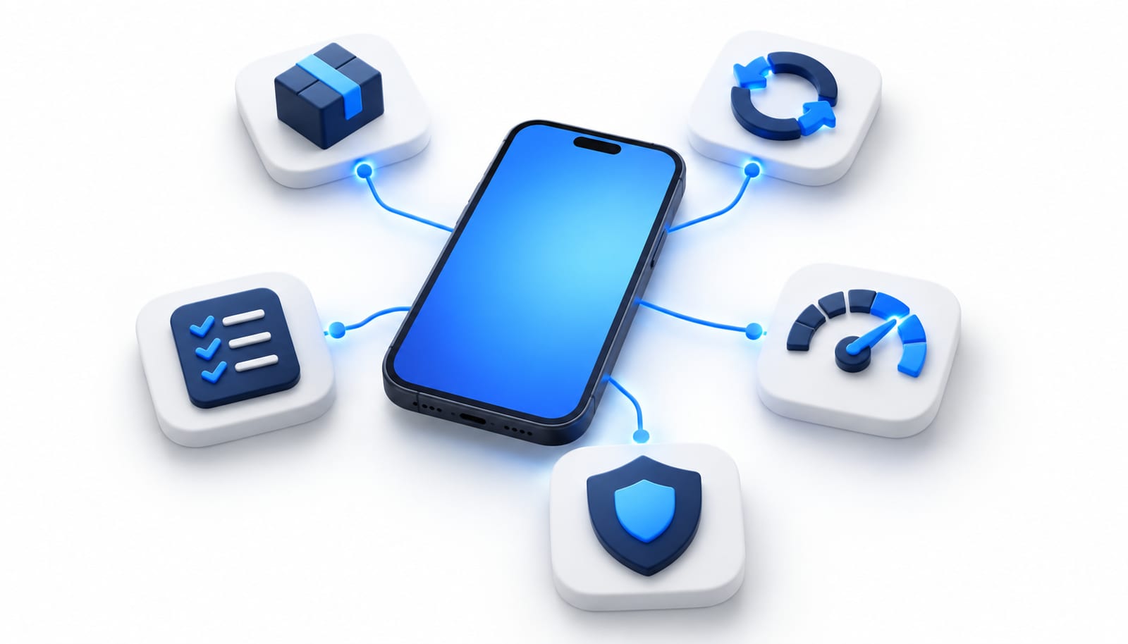 A blue-screen phone connected to package, renewal, usage, shield and survey tiles.