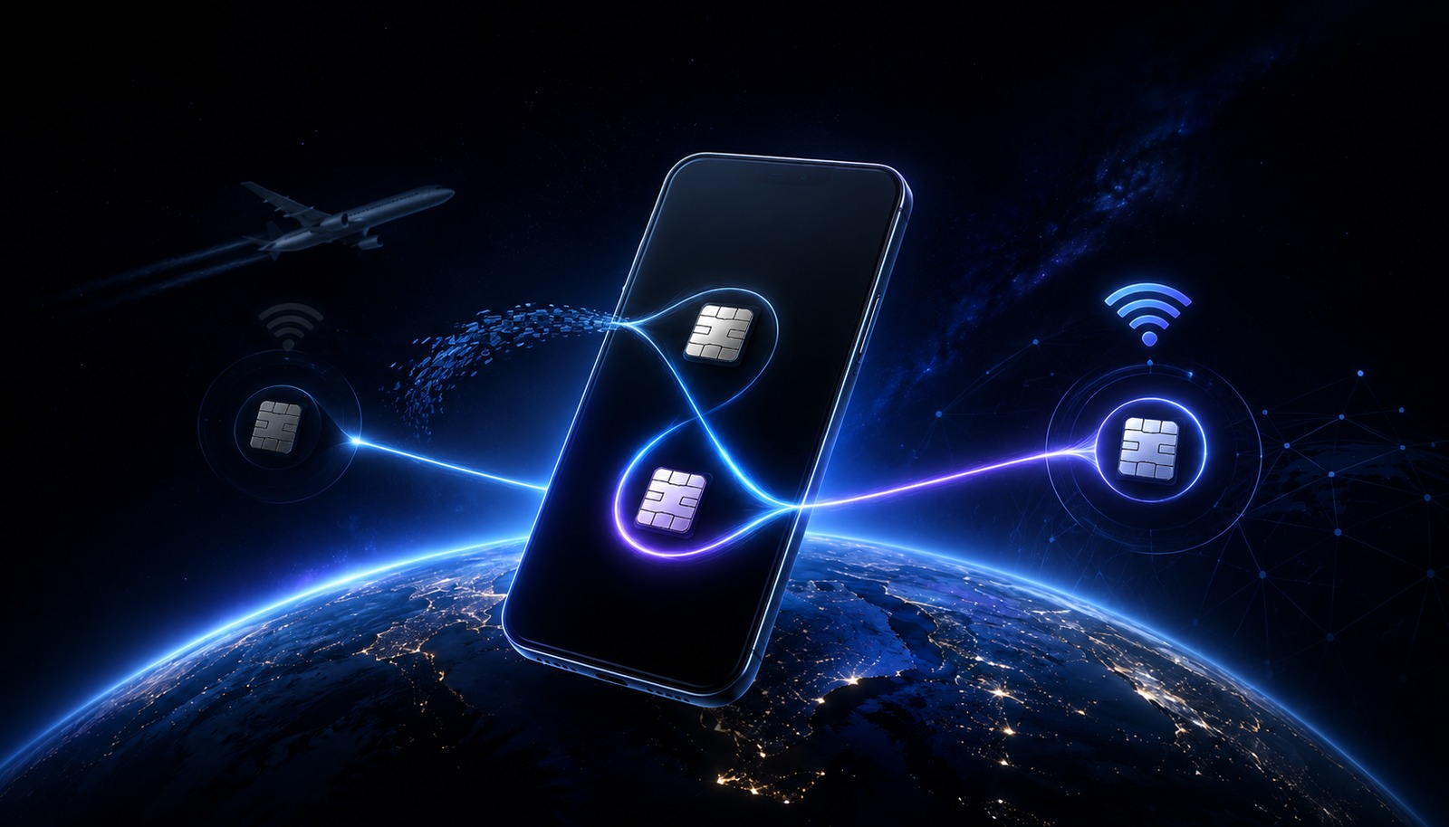 A smartphone switching to a glowing backup eSIM line for travel and weak Wi-Fi situations.