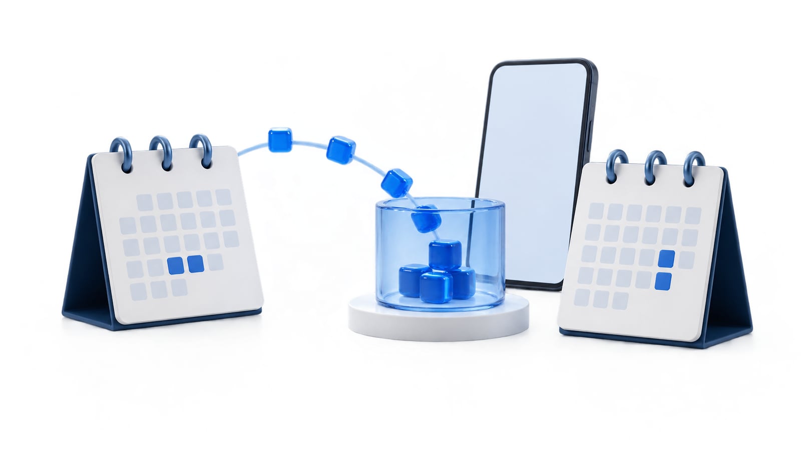Blue data blocks moving between two calendars into a storage jar, with a smartphone behind them.