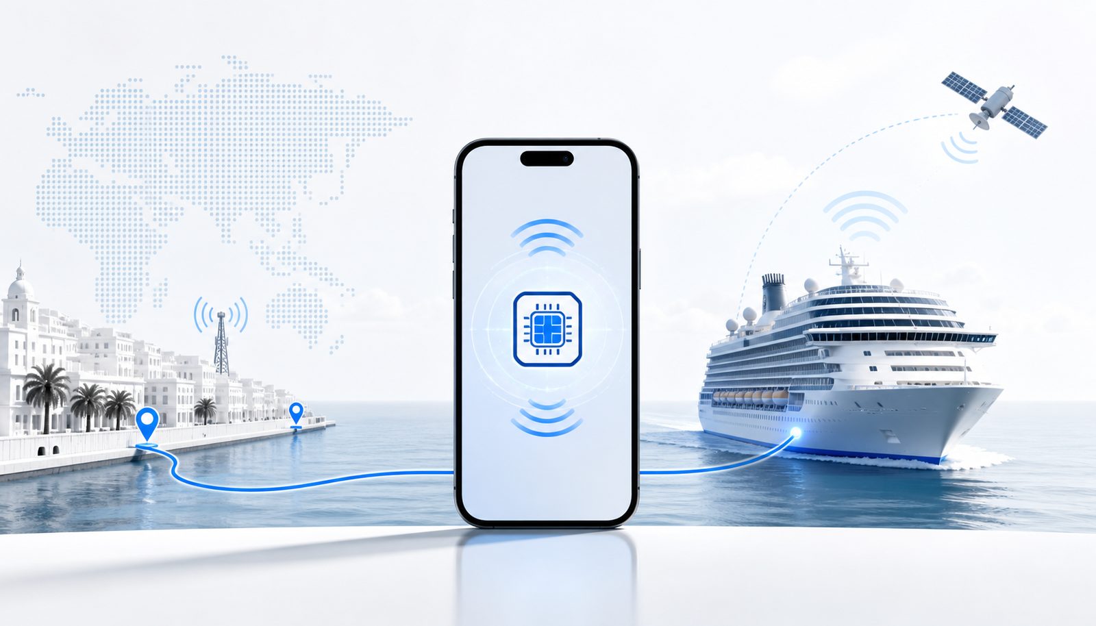 A smartphone and cruise ship showing port mobile coverage and a separate satellite connection at sea.