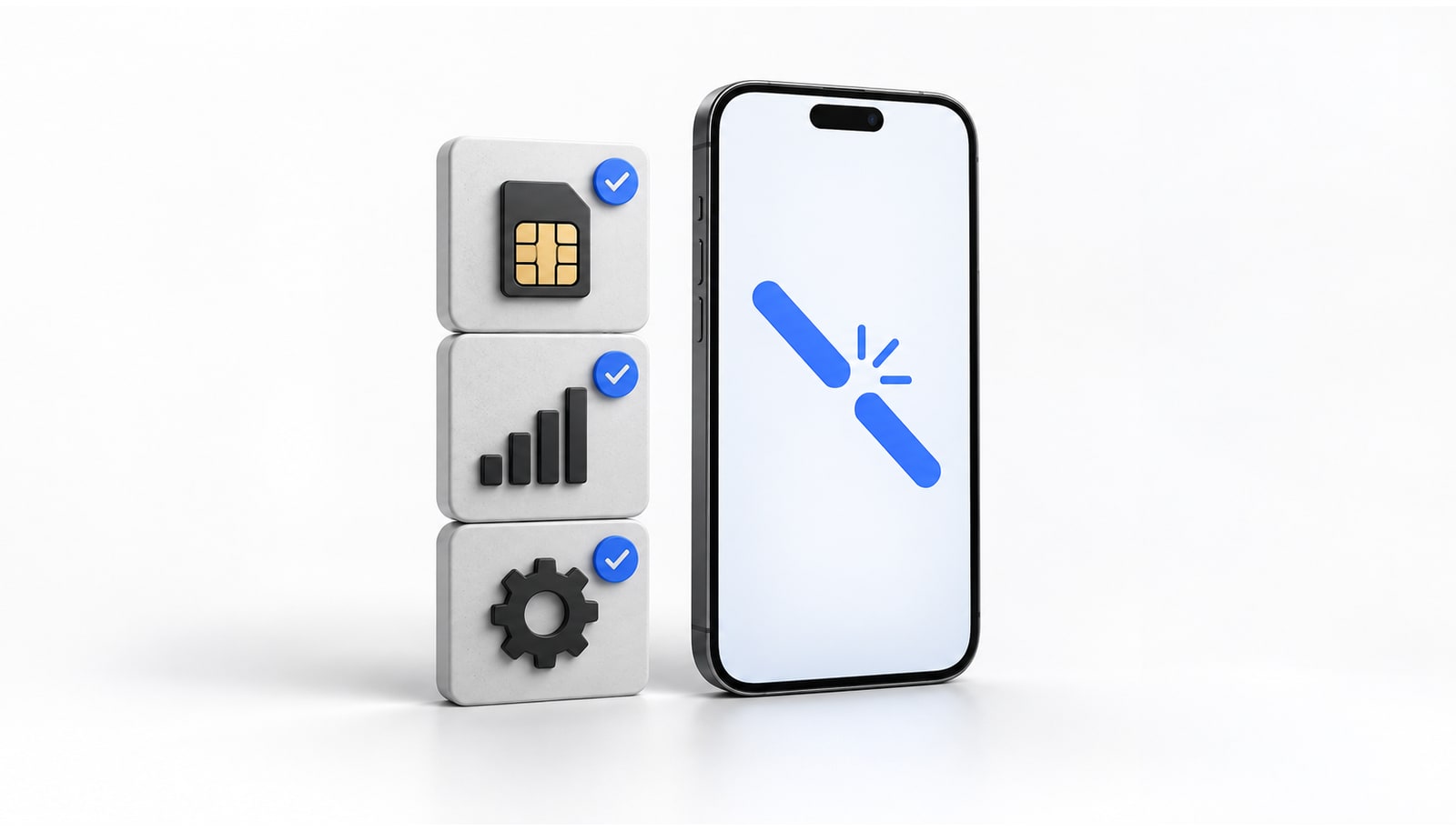 A phone showing a broken blue connection beside three checked tiles with a SIM chip, signal bars and a settings gear.
