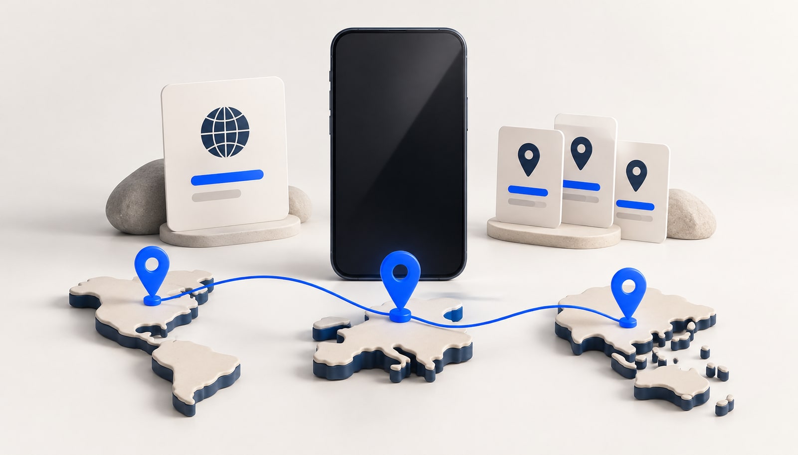A smartphone beside plan cards, with three blue location pins linked across a stylised map.
