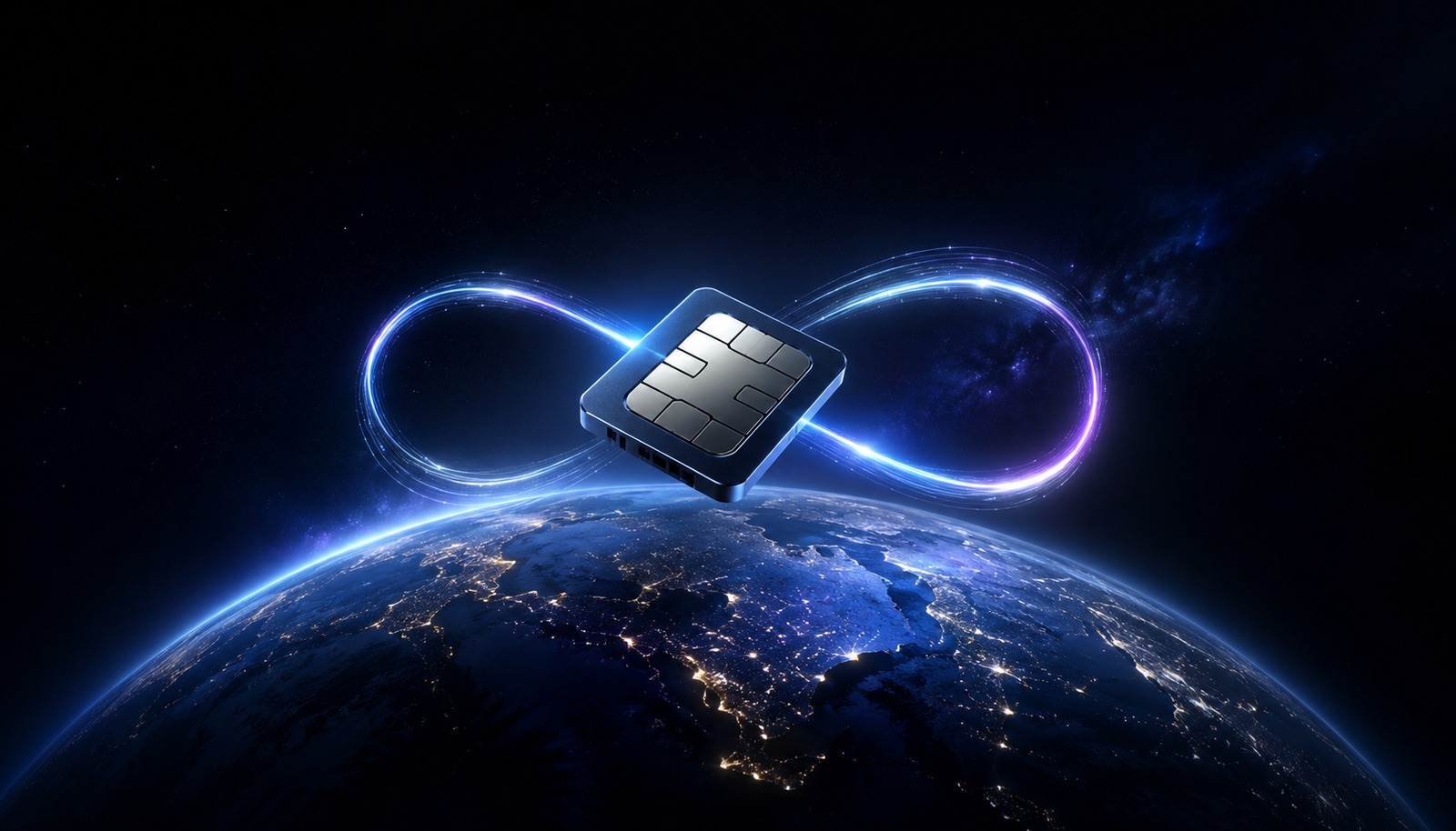 A glowing eSIM chip above Earth with an infinity loop, representing an eSIM that never expires.