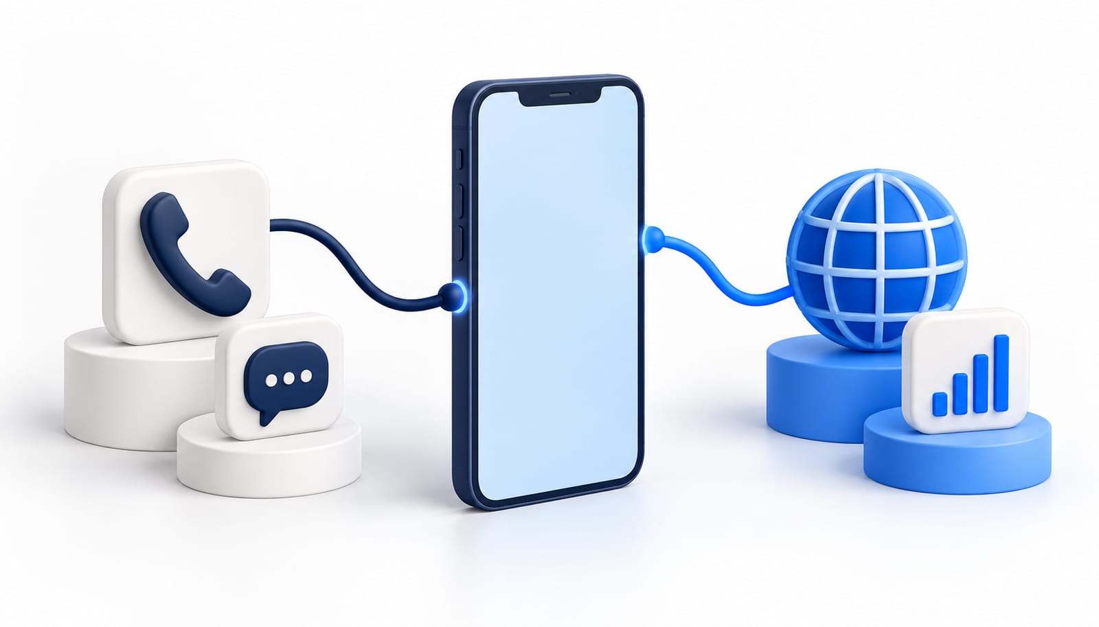 A smartphone between call-and-message symbols and a blue globe with signal bars.