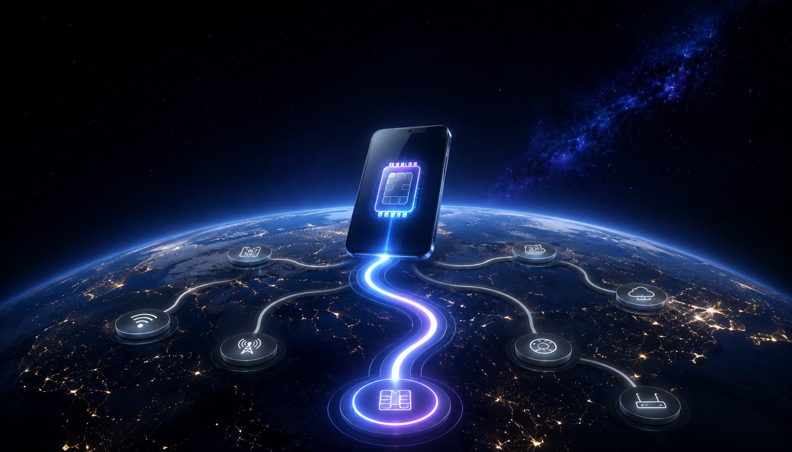 Abstract comparison of eSIM connectivity options, with one highlighted Moontel path for free mobile data.