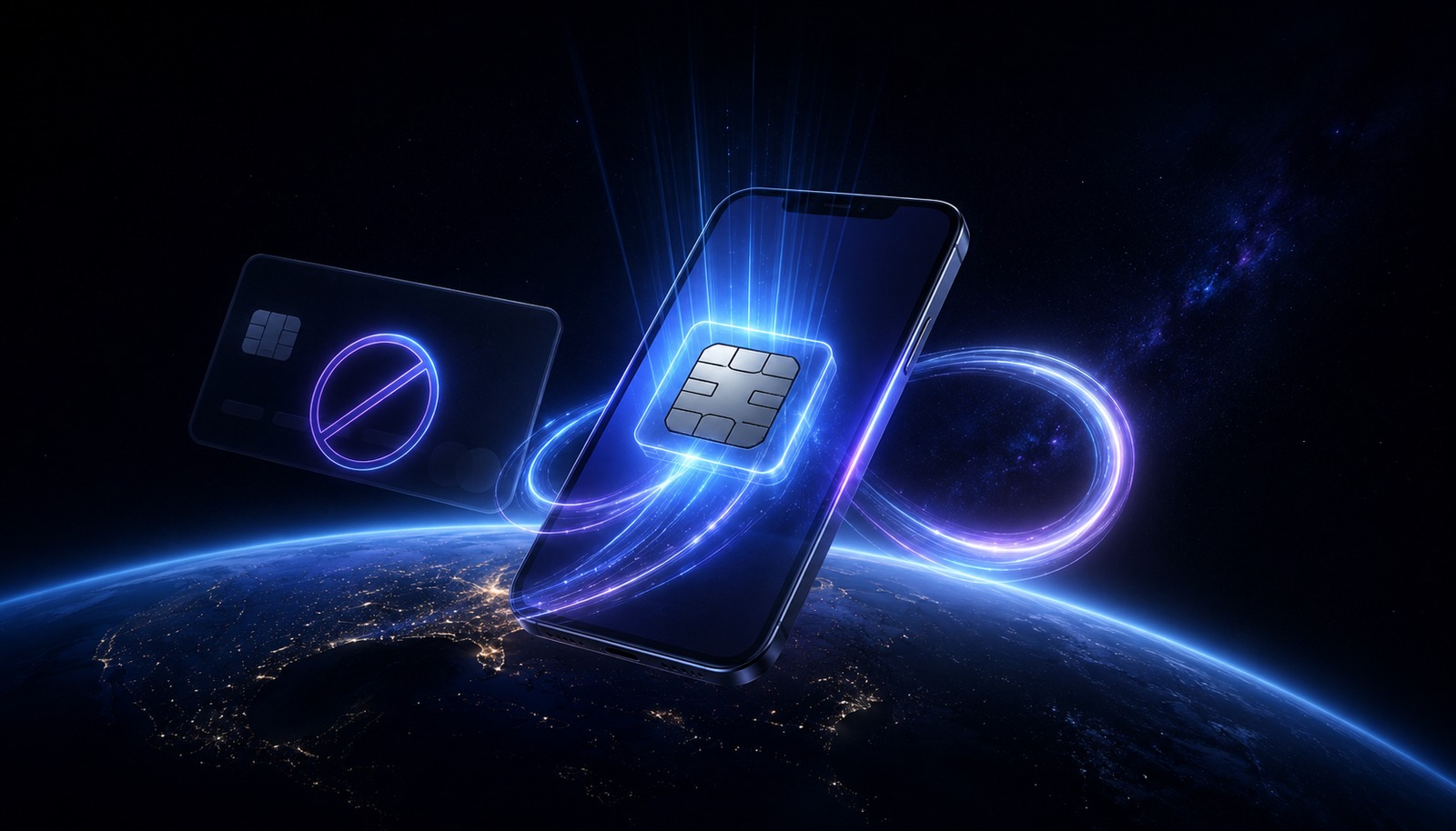 A glowing eSIM on a phone with a de-emphasized payment card, representing a free eSIM with no credit card required.