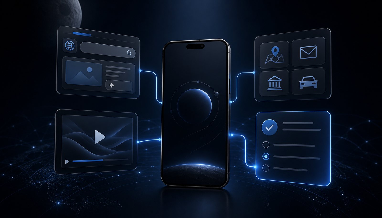 A dark premium illustration showing four free mobile-data app models—advertising, ad-unlocked data, selected-app access and surveys—connecting to one smartphone.