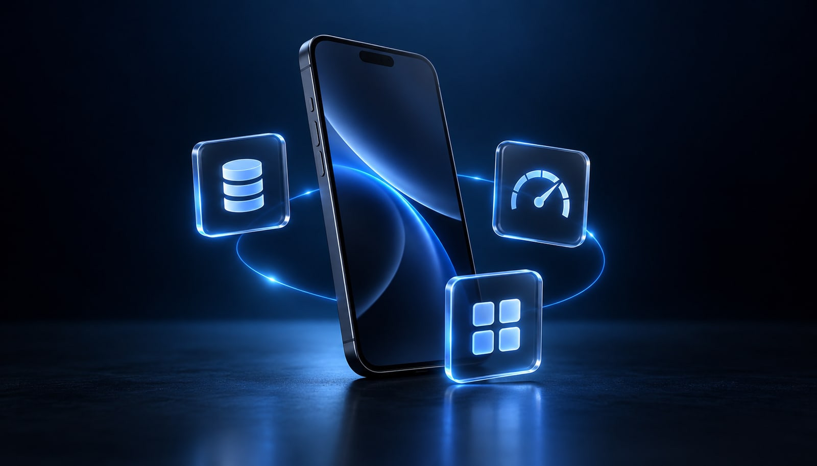 A smartphone surrounded by blue symbols for data, connection speed and app access.