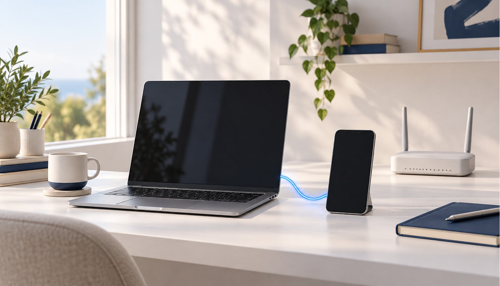 A laptop and smartphone linked by a blue line on a home desk, with an unlit router behind them.