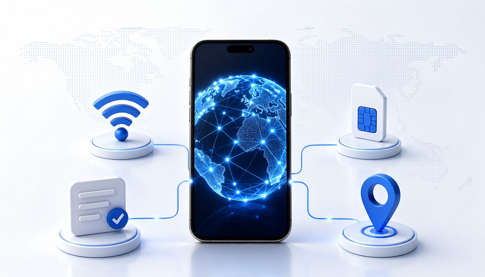 A smartphone connected to public Wi-Fi, an eSIM, a completed survey and a location hotspot.