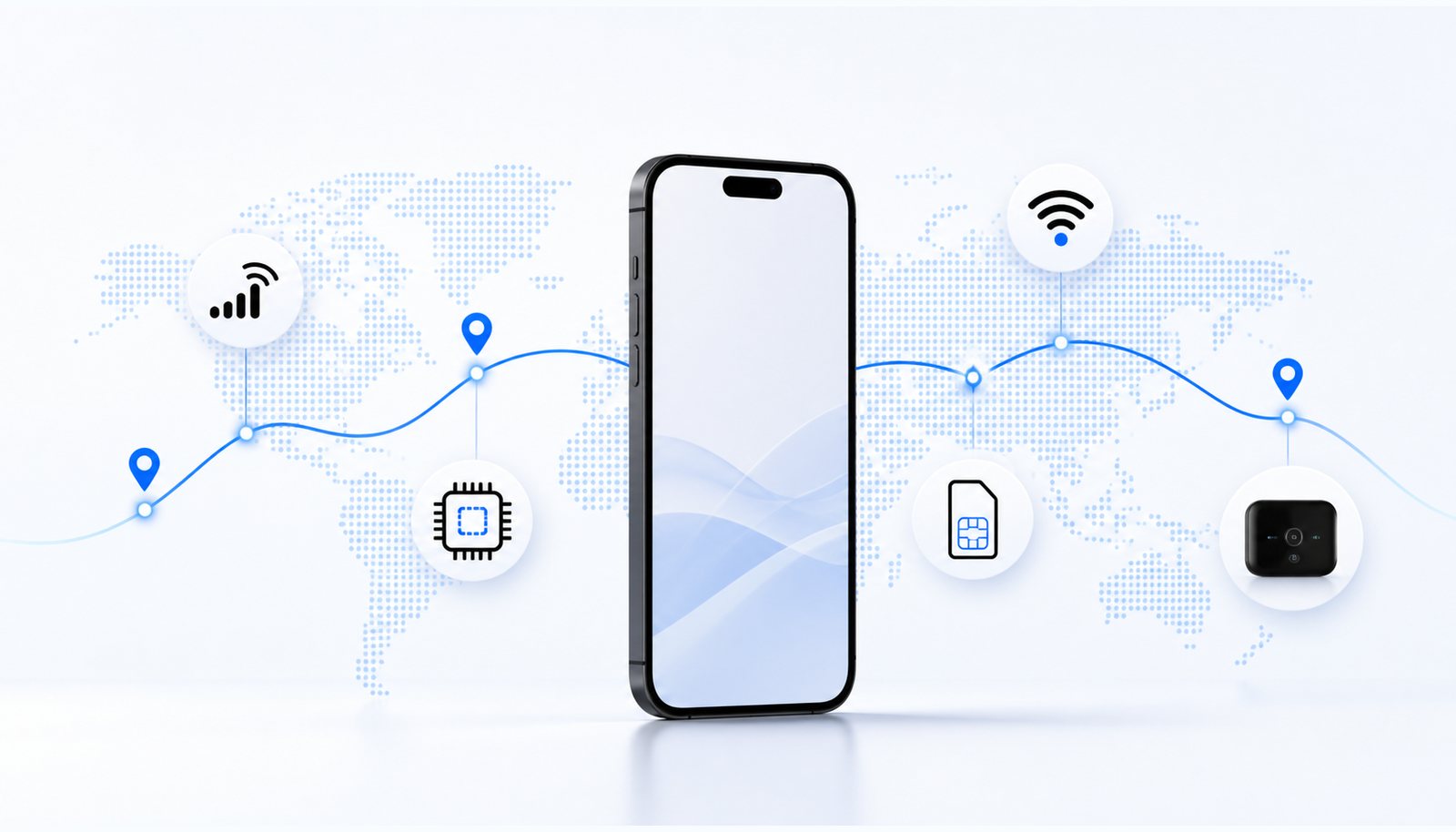 A smartphone linked across a dotted world map to eSIM, SIM, Wi-Fi, roaming and portable hotspot symbols.