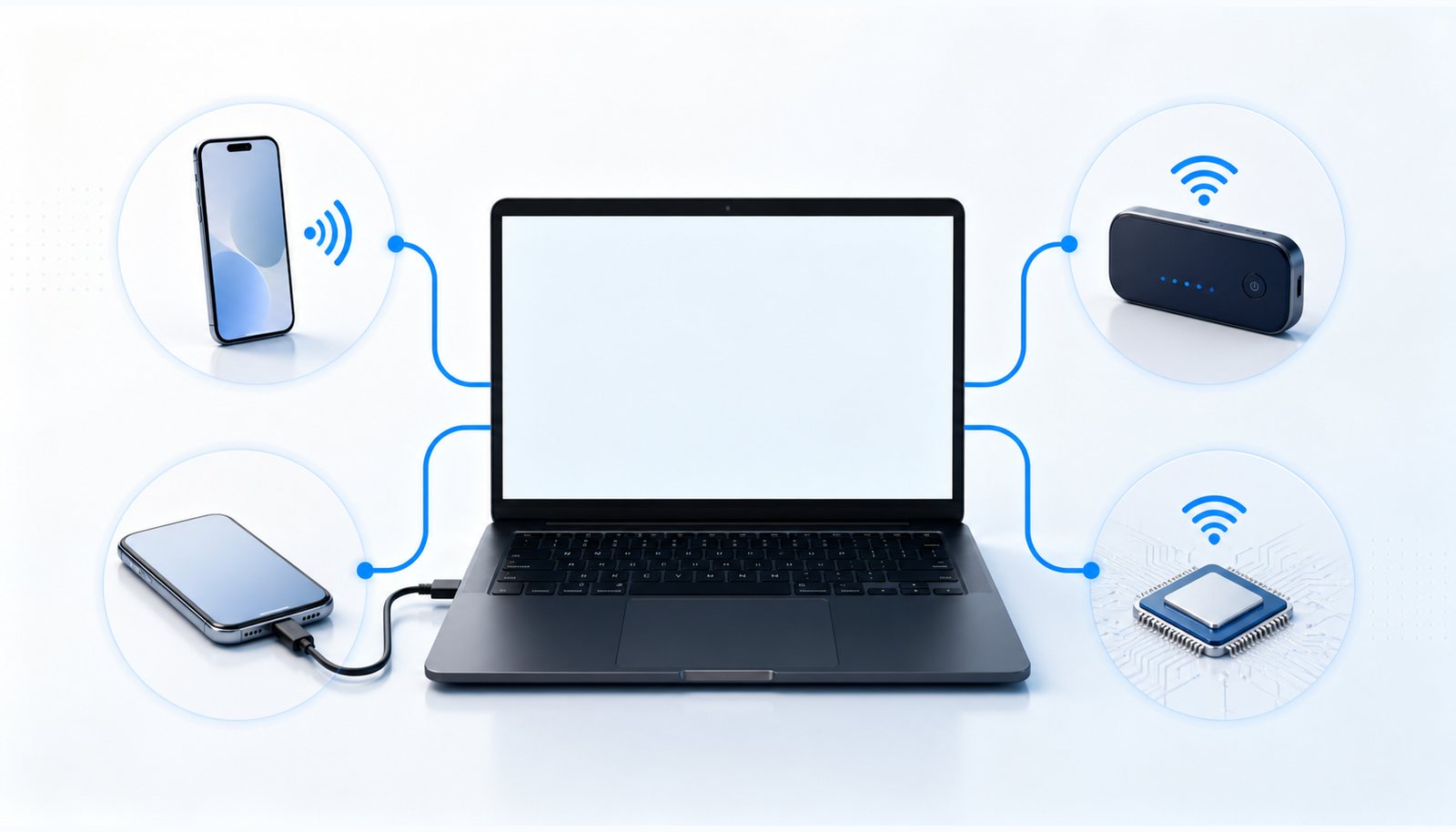 A laptop connected through a phone hotspot, USB cable, portable router and built-in cellular option.