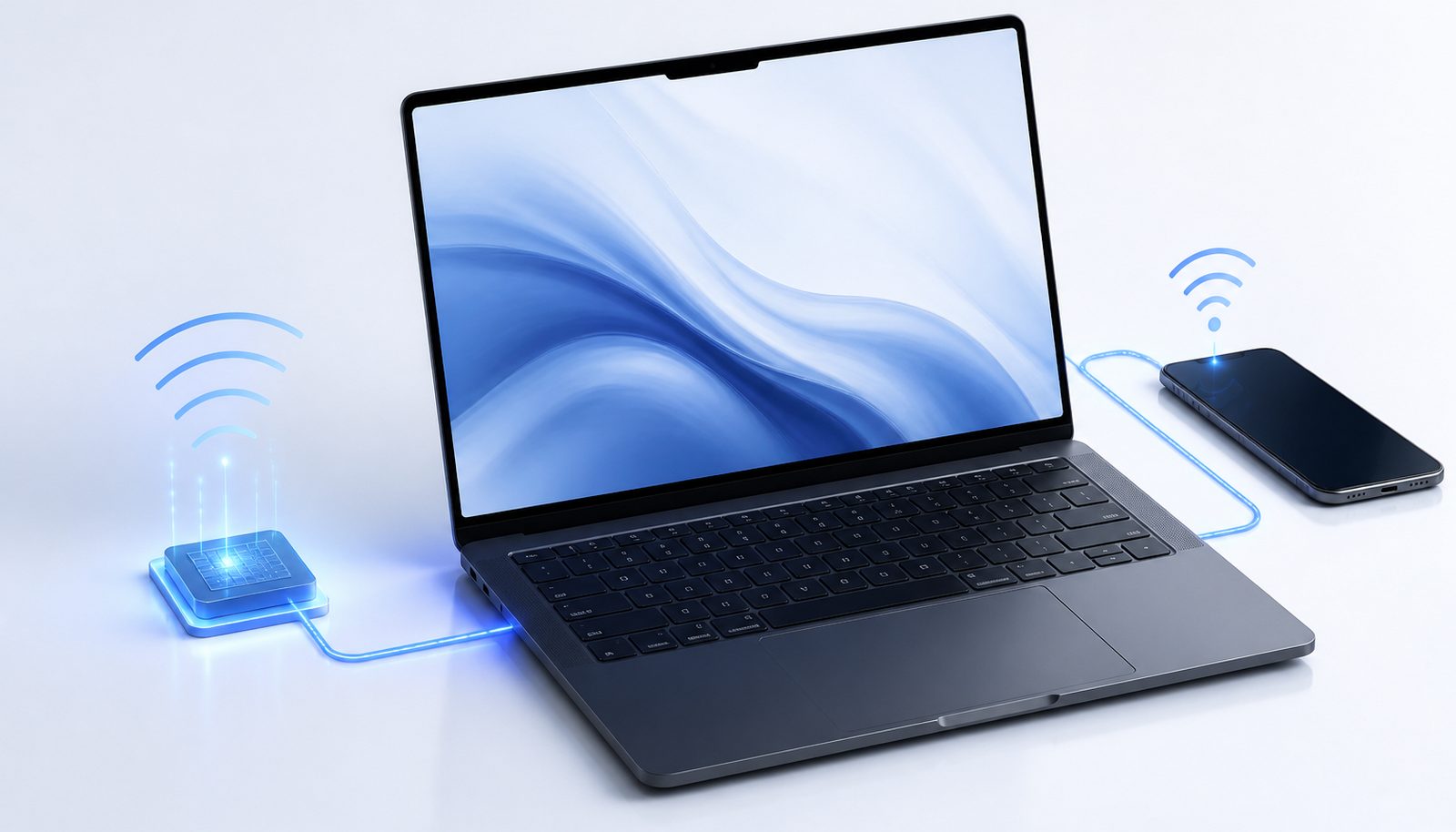 A laptop with a built-in cellular connection cue and a phone hotspot shown as an alternative.