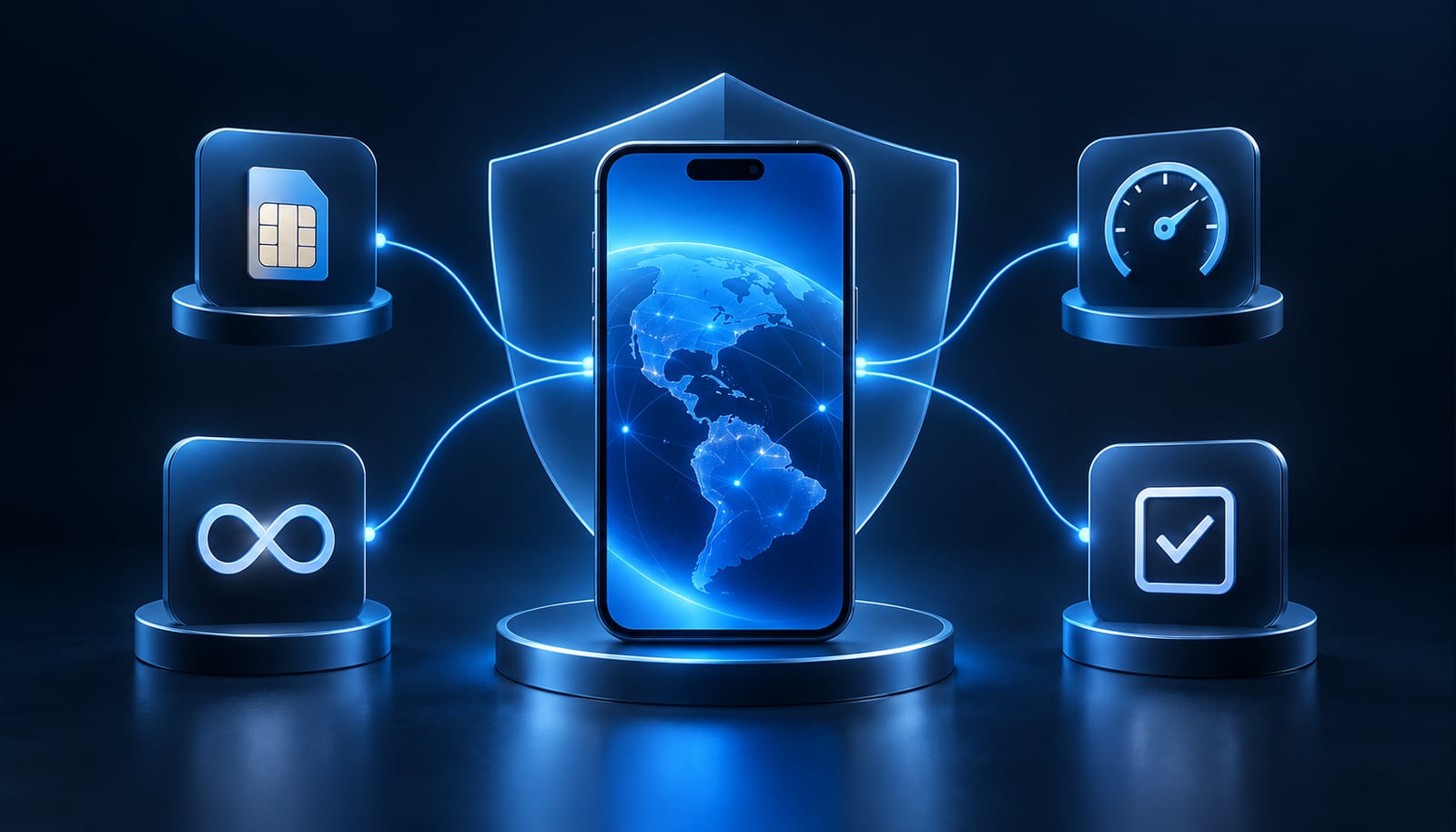 A blue globe on a phone in front of a shield, connected to SIM, gauge, infinity and checkmark tiles.