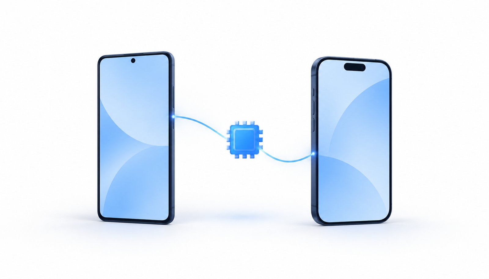 Two smartphones with an eSIM chip symbol and a blue connection between them.