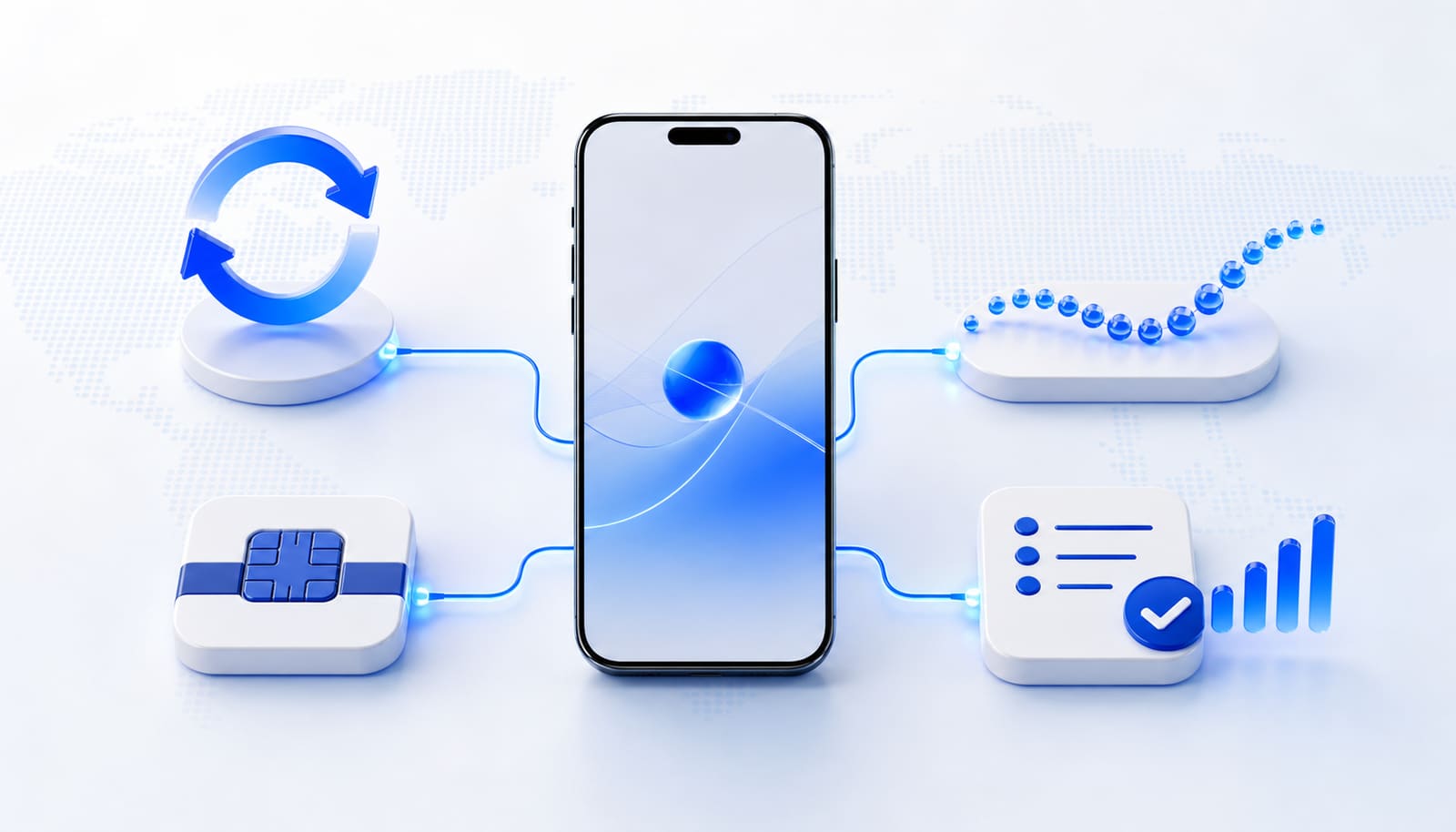 A smartphone connected to four visual paths representing subscription, pay-as-you-go, one-off package and survey-powered mobile data.